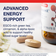 MetaGlycemX B-vitamin bottle featuring riboflavin, niacin, and methylcobalamin benefits.