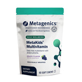 Metagenics MetaKids soft chews grape bottle shown for daily kid nutrition and growth support.