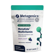 Metagenics MetaKids soft chews grape bottle shown for daily kid nutrition and growth support.
