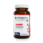 Metagenics MethylCare bottle label highlights non-GMO, gluten-free formula for heart and brain support.
