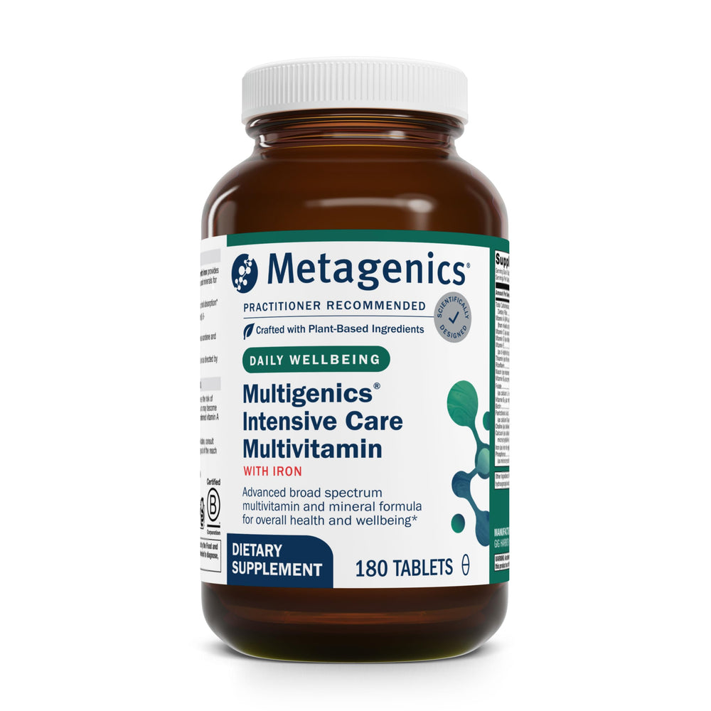 Metagenics Multigenics Intensive Care tablets close-up for daily immune support.