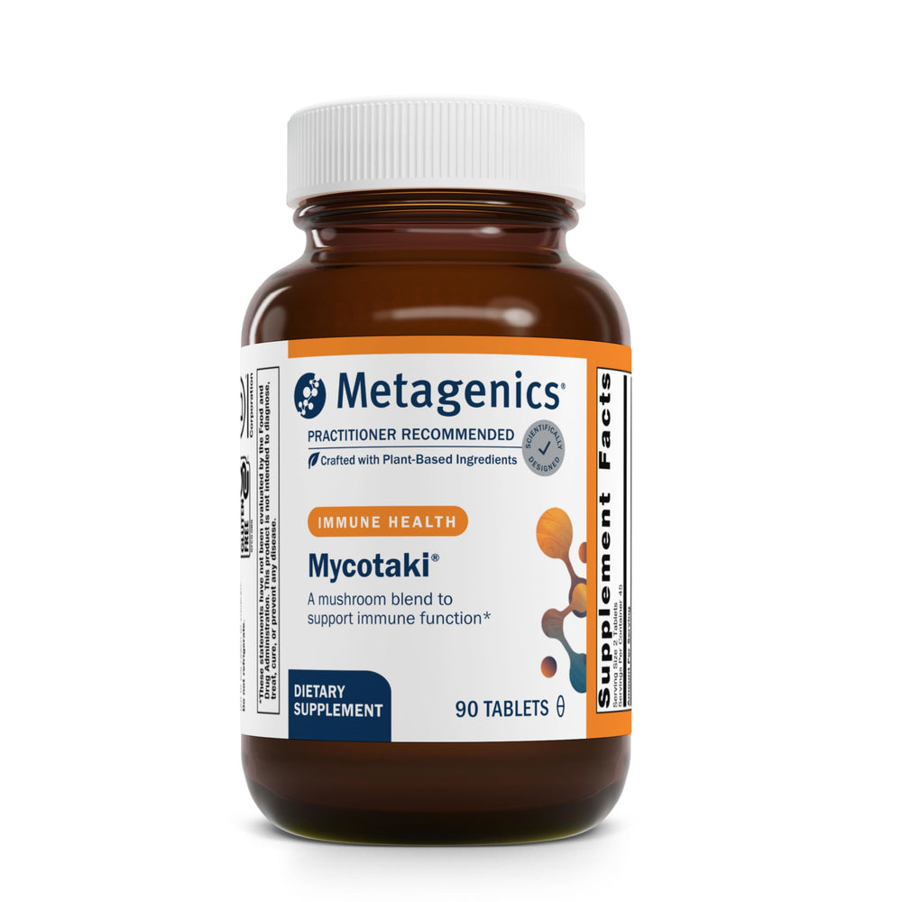 Metagenics Mycotaki bottle front showing branding for immune support.