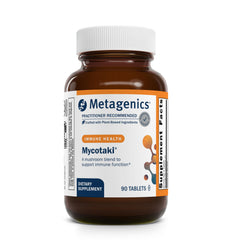 Metagenics Mycotaki bottle front showing branding for immune support.