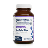 Metagenics MyoCalm Plus bottle shown for stress support and sleep quality.