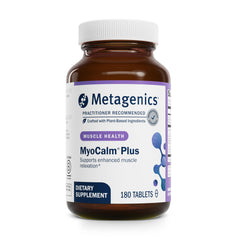 Metagenics MyoCalm Plus bottle shown for stress support and sleep quality.