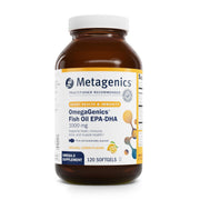 Metagenics OmegaGenics EPA-DHA 1000 mg bottle front showing high-potency omega-3 for heart and brain support