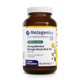 Metagenics OmegaGenics Borage Seed GLA Oil softgels on white display for daily skin hydration support