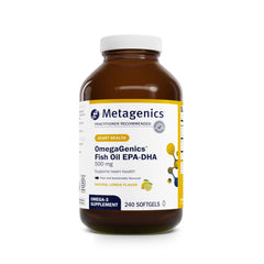 Metagenics OmegaGenics EPA-DHA 500 bottle front view, high-potency omega-3 for heart and brain support