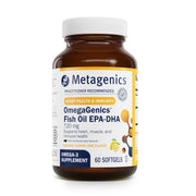 Metagenics OmegaGenics fish oil bottle pour showing daily use benefits
