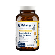 Metagenics OmegaGenics Fish Oil Neuro bottle highlighting brain health support.