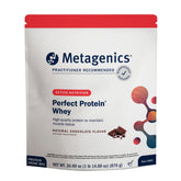 Metagenics Perfect Protein chocolate tub closeup highlighting premium whey blend for recovery support