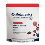 Metagenics Perfect Protein chocolate tub closeup highlighting premium whey blend for recovery support