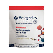 Metagenics Perfect Protein Vanilla bottle close-up highlighting plant-based protein support for active lifestyles