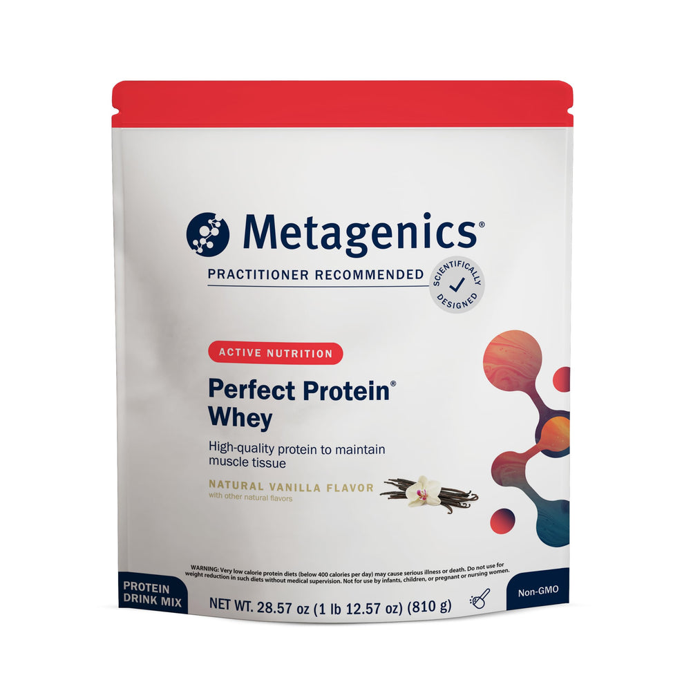 Metagenics Perfect Protein bottle pour shows convenient post-workout fuel in vanilla formula