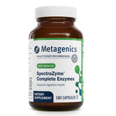 Metagenics SpectraZyme enzyme complex bottle with capsules for digestion support after meals.
