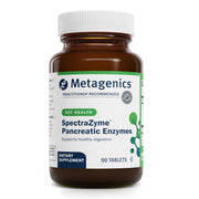 Metagenics SpectraZyme Pancreatic Enzymes bottle label supports protein digestion.