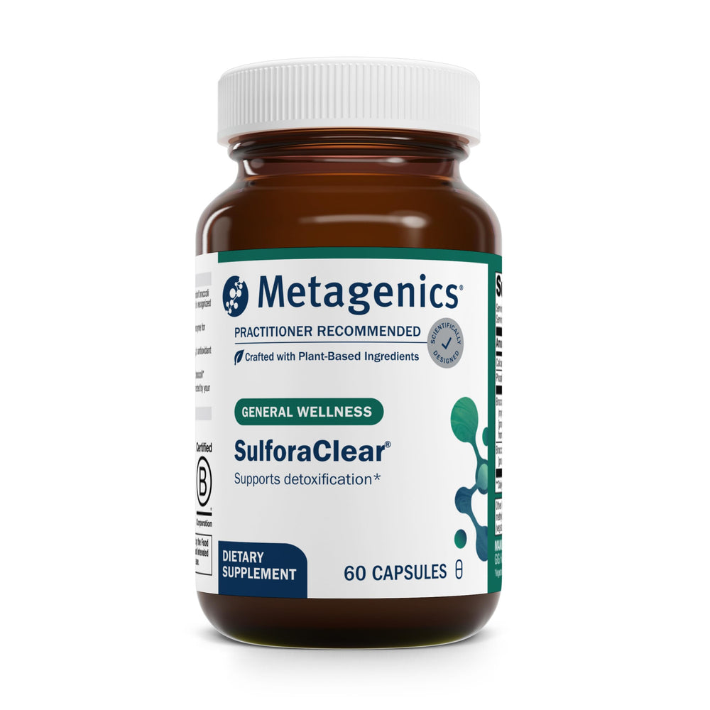 Metagenics SulforaClear bottle front highlighting packaging for daily detox support