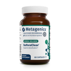 Metagenics SulforaClear bottle front highlighting packaging for daily detox support
