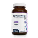 Metagenics Trancor bottle on a clean surface, signaling calm wellness for daily focus