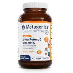 Metagenics Ultra Potent-C chewable bottle close-up, vitamin C with bioflavonoids for immune support.