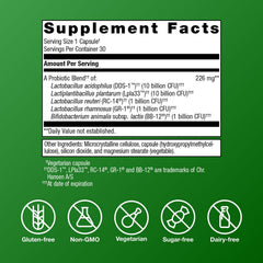 Metagenics UltraFlora Complete Women's Probiotic bottle label closeup highlighting five strains.