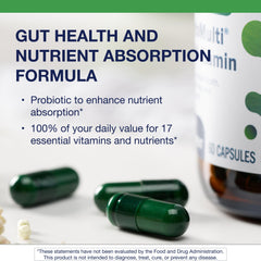Metagenics UltraFlora nutrition panel showing 17 essential nutrients for daily wellness.