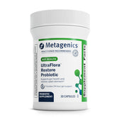 Metagenics Ultraflora Restore probiotic bottle shown for gut balance and daily support.