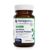 Metagenics UltraFlora Spectrum bottle front promotes shelf-stable probiotic balance.