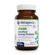 Metagenics UltraFlora Synergy powder tub closeup for daily gut support.