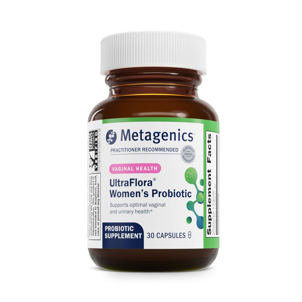 Metagenics UltraFlora Women's bottle shelf-stable probiotic for daily vaginal health support.