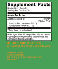 Metagenics UltraFlora Women's label closeup shows GR-1 and RC-14 strains for balance.