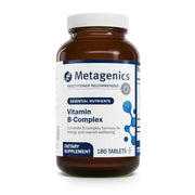 Metagenics Vitamin B-Complex capsules on bottle lid support energy metabolism.