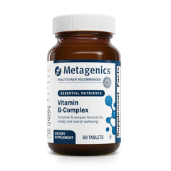Metagenics Vitamin B-Complex tablets showing active B6 and B12 for energy support.