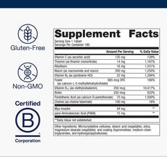 Metagenics Vitamin B-Complex tablets closeup shows active B6, B12, and folate support.