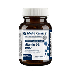 Metagenics Vitamin D3 5000 IU softgels bottle supports daily immune and bone health.
