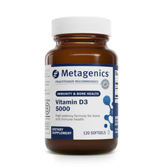 Metagenics Vitamin D3 5000 IU softgels in bottle for daily immune support.