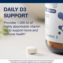 Metagenics Vitamin D3 bottle displayed on a tidy workspace surface.