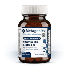 Metagenics Vitamin D3 + K bottle with 60 softgels, supporting bone and immune health.