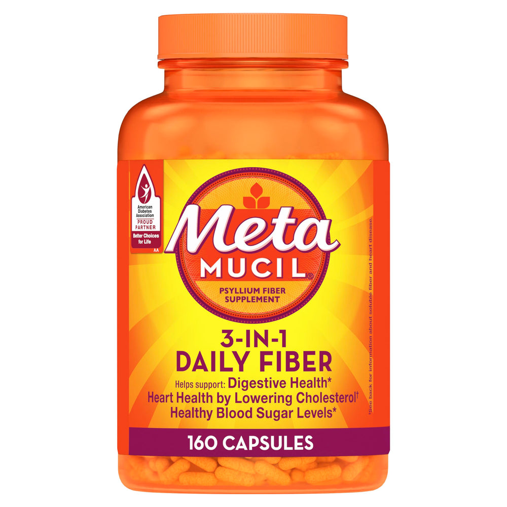 Metamucil psyllium husk fiber bottle for daily fiber support