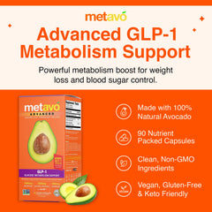 Metavo Advanced GLP-1 packaging label highlights Berberine and exclusive AvoB