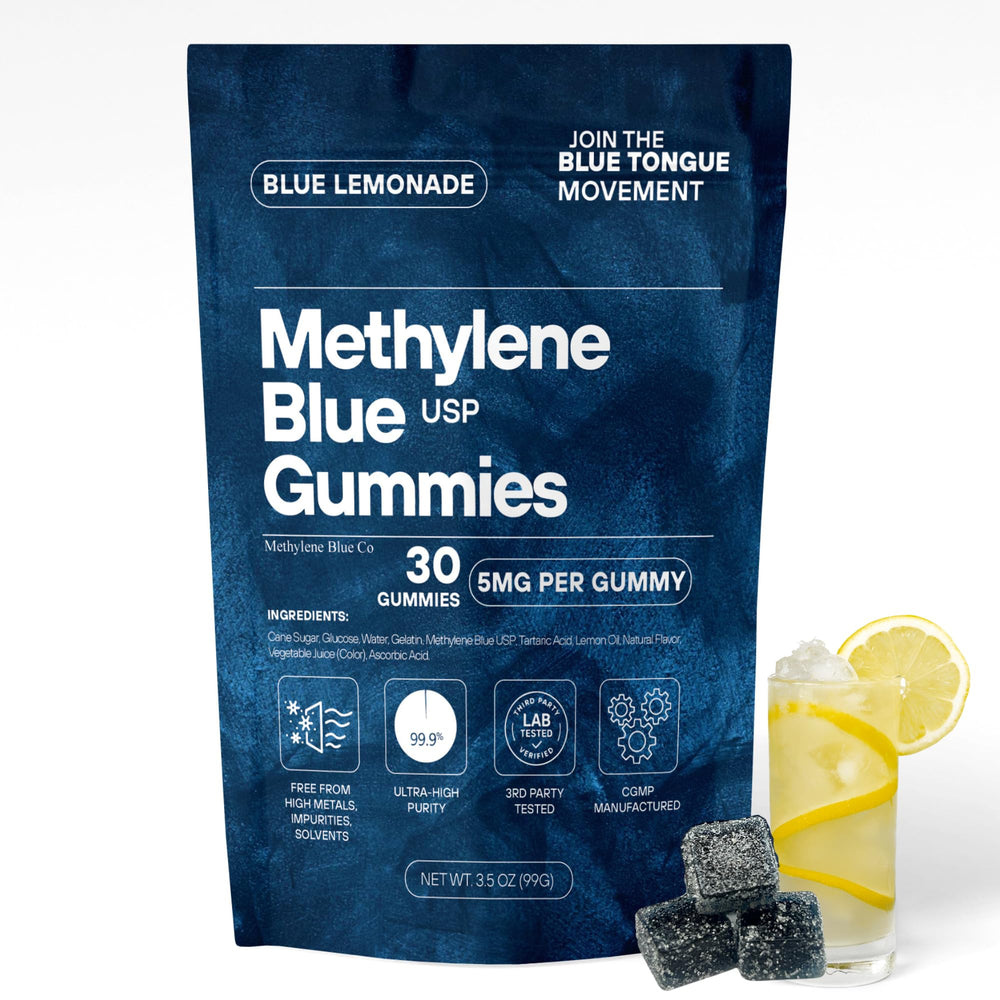 Methylene Blue Co bottle front with 5 mg pills for reliable dosing and quality.
