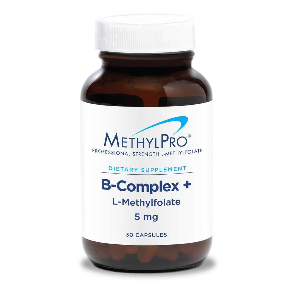MethylPro B-Complex + L-Methylfolate bottle with vegan capsules for energy support.