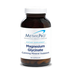 MethylPro Magnesium Glycinate capsules bottle showing calm sleep support labeling.