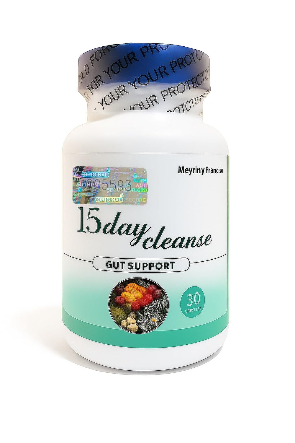 Meyrin y Francisco 15 Day Cleanse bottle pour supports daily digestive routines.