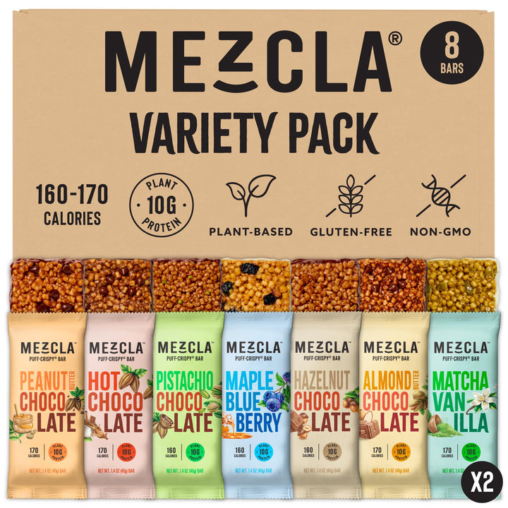 Mezcla Puff Crispy Bar variety pack on shelf, ideal for quick healthy snacking.