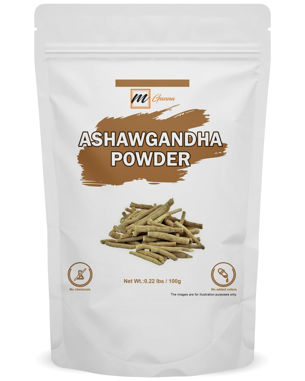 mGanna Ashwagandha powder with fine texture for easy beverage mixing.