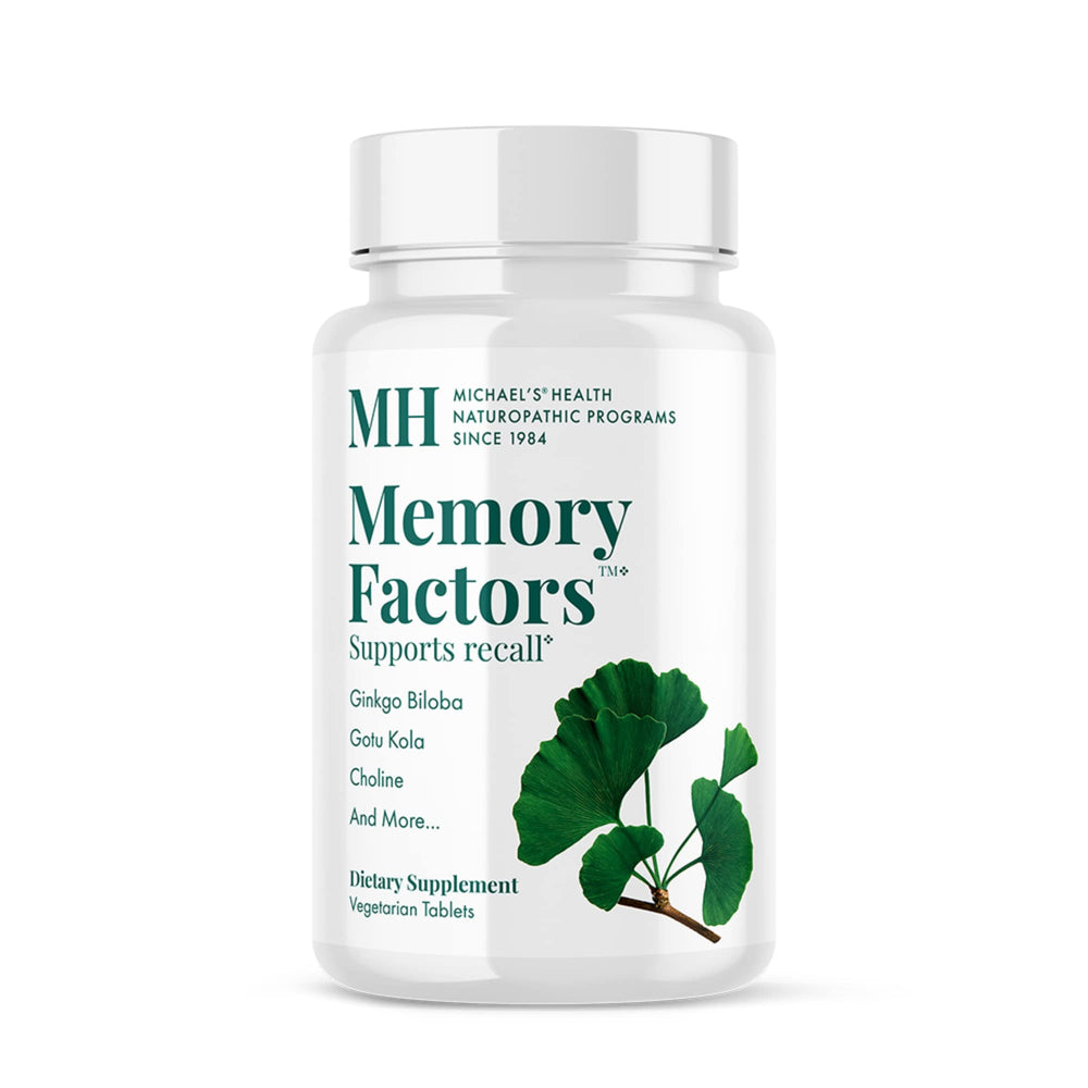 Michael's Memory Factors bottle front view with vegetarian tablets for memory support.
