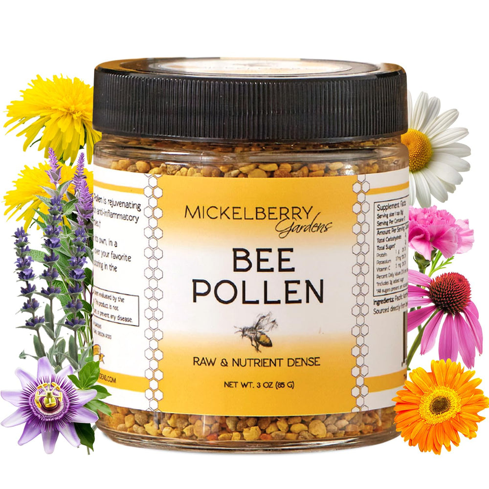 Mickelberry Gardens Bee Pollen bottle with raw granules for daily nutrition