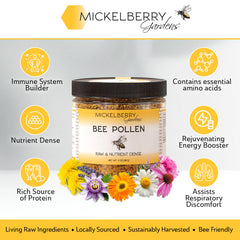 Close-up of Mickelberry Gardens Bee Pollen granules showing vibrant texture