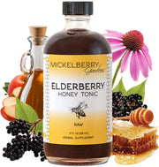Mickelberry Gardens Elderberry Honey Tonic bottle highlights natural immune support.